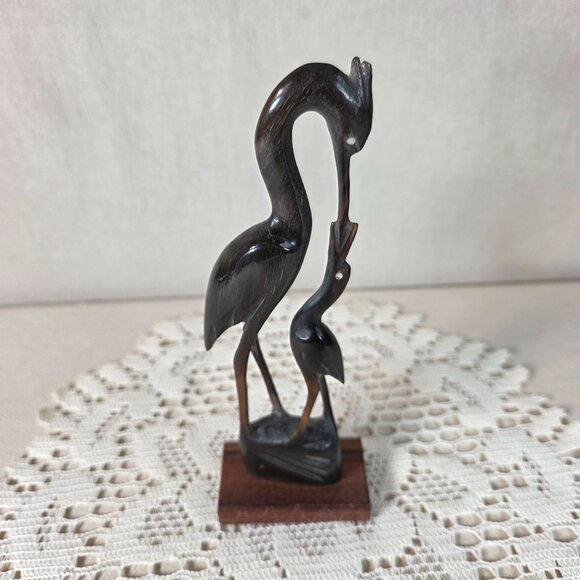 A.C.W.P. Other - Vintage Hand Carved Water Buffalo Horn Crane Family Sculpture On Wooden Base